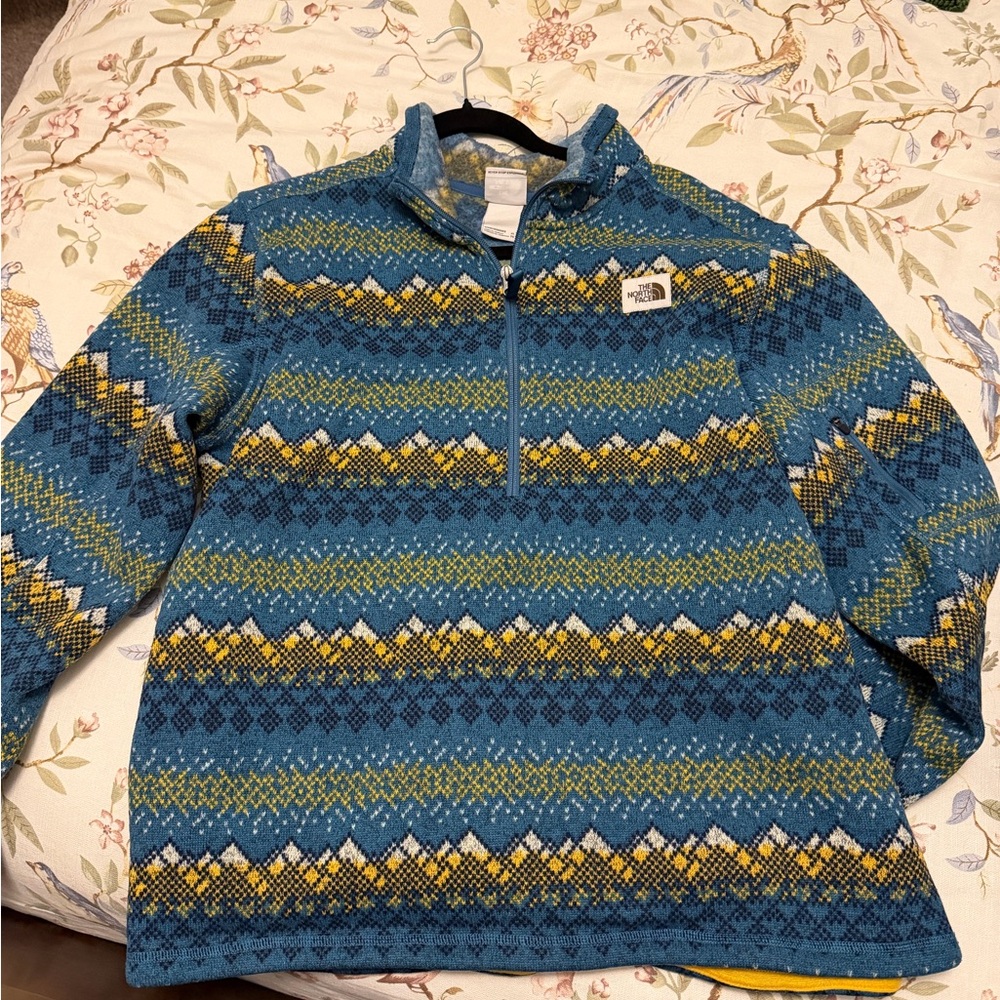 The North Face Men's Teal, Yellow and Navy Patterned Zip Pullover